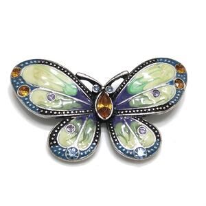 Butterfly Enamel & Rhinestone Brooch, Silver Tone, 1980s Vintage Jewelry